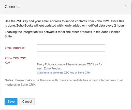 Zoho Books ZSC Key Configuration