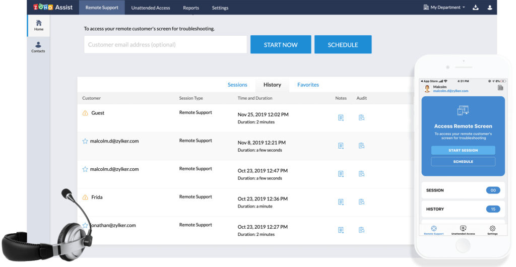 Customer service application, Zoho Assist desktop and mobile screen shots