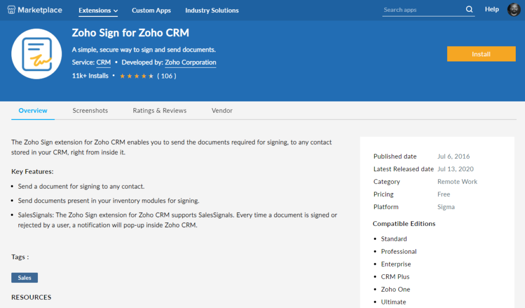 Zoho Sign integration for Zoho CRM through Zoho Marketplace