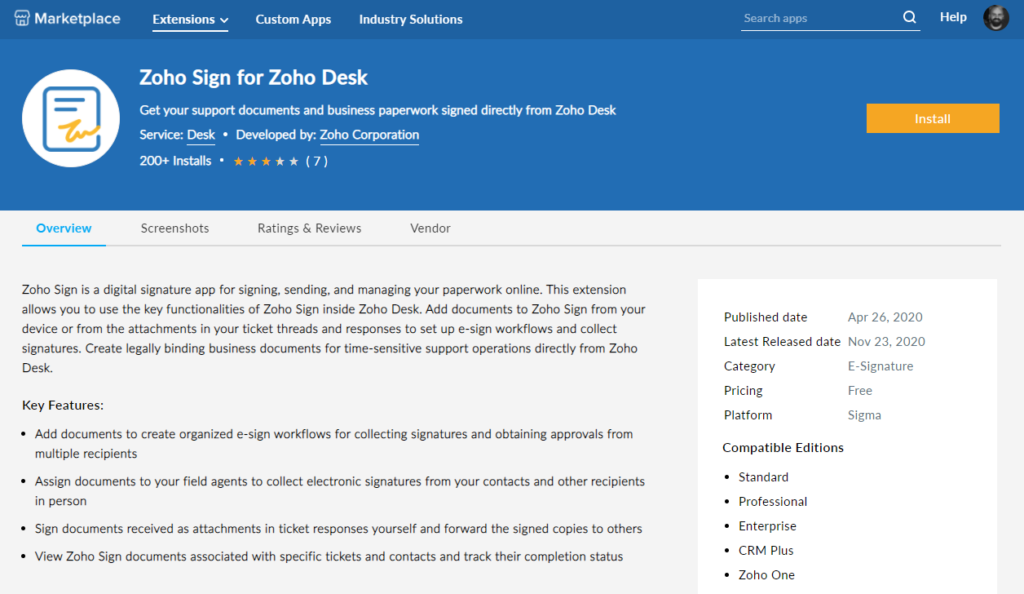 Zoho Sign integration for Zoho Desk through Zoho Marketplace