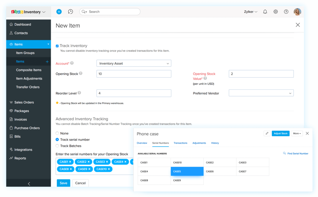Zoho Inventory track inventory dashboard
