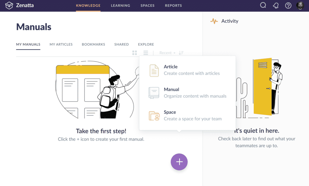 Zoho Learn Landing Page when clicking the purple + with drop down menu appearing