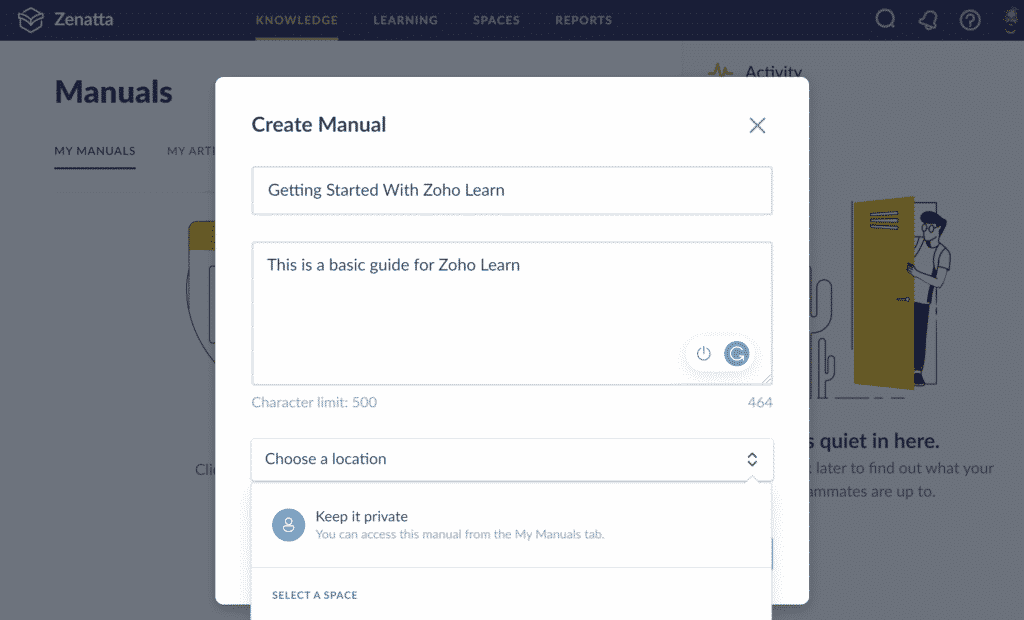 Create Manual in Zoho Learn filled out