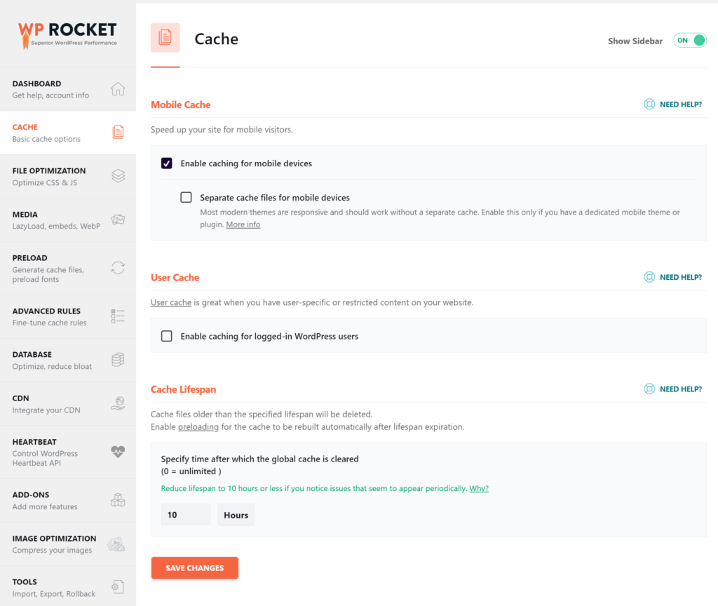 WP Rocket Cache Dashboard Inside WordPress