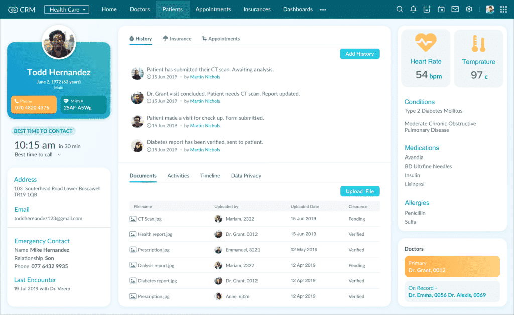 Zoho CRM healthcare example of a customized Canvas view created