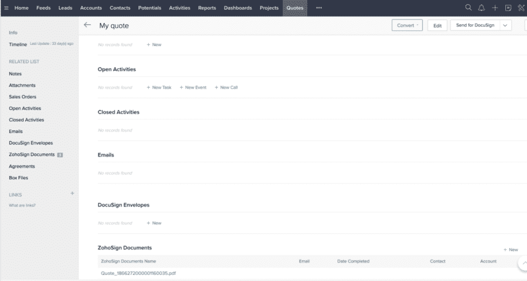 Quotes Modules for Zoho CRM via Zoho Sign Module