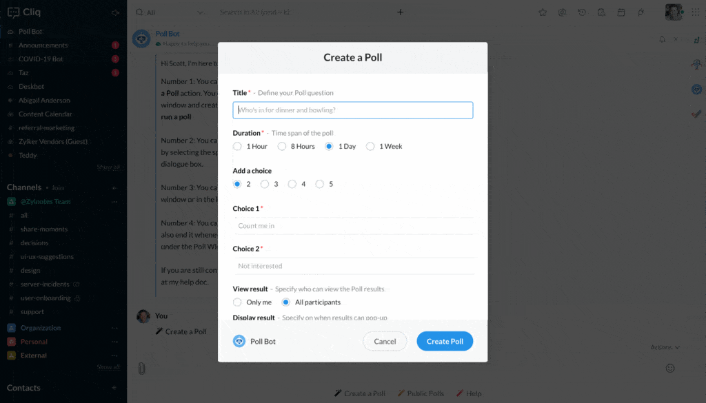 Gif of creating a poll in Zoho Cliq