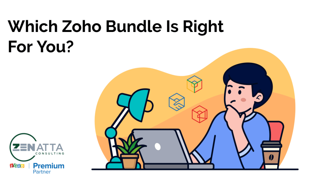 Which Zoho Bundle Is Right For You? With a man thinking as he stares at his laptop with a to go cup of coffee on his desk