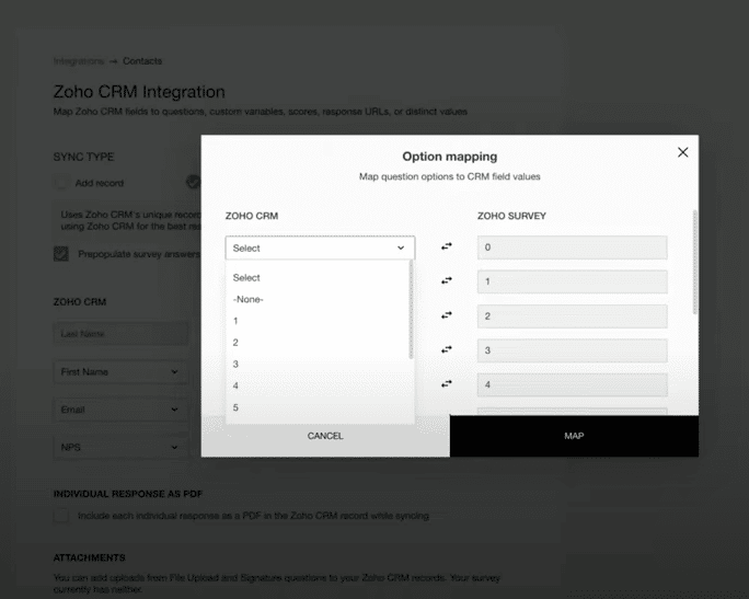 The option mapping box displayed while integrating from Zoho CRM to Zoho Survey