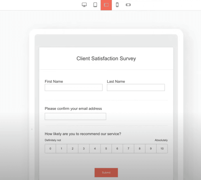 The Preview Survey screen used for viewing the survey in different display types.