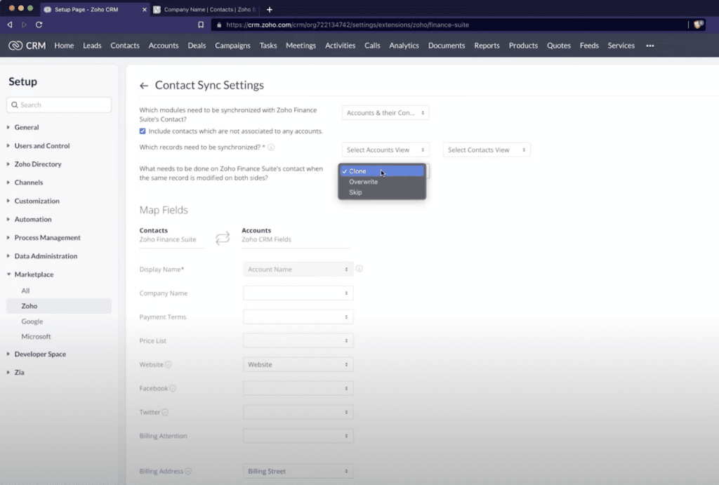 Screenshot showing the Contact Sync Settings page of the CRM to Books integration settings. 