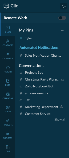 Screenshot of the sidebar menu in Zoho Cliq