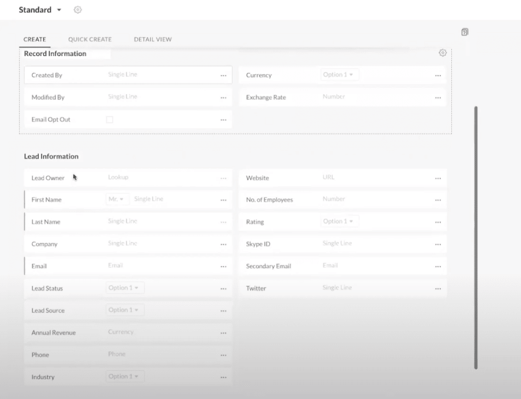 Screenshot of Zoho CRM layout editing page