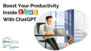 Thumbnail image with blog title "Boost Your Productivity Inside Zoho With ChatGPT" includes graphic image of man on a laptop