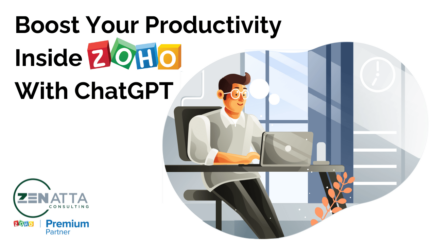 Thumbnail image with blog title "Boost Your Productivity Inside Zoho With ChatGPT" includes graphic image of man on a laptop