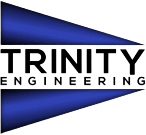 Trinity Engineering Logo Company text in between 2 blue triangles pointing to the right.