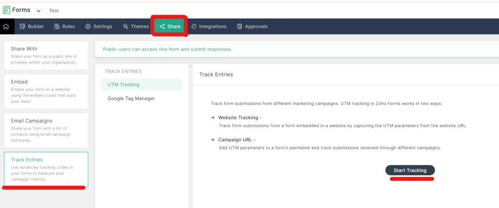 an image of a screenshot of Zoho Forms share settings to turn on UTM Tracking