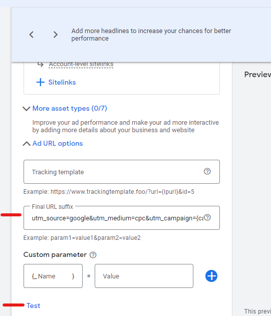 an image from a Google AdWords ad settings on where to apply the URL suffix to append UTMs automatically.