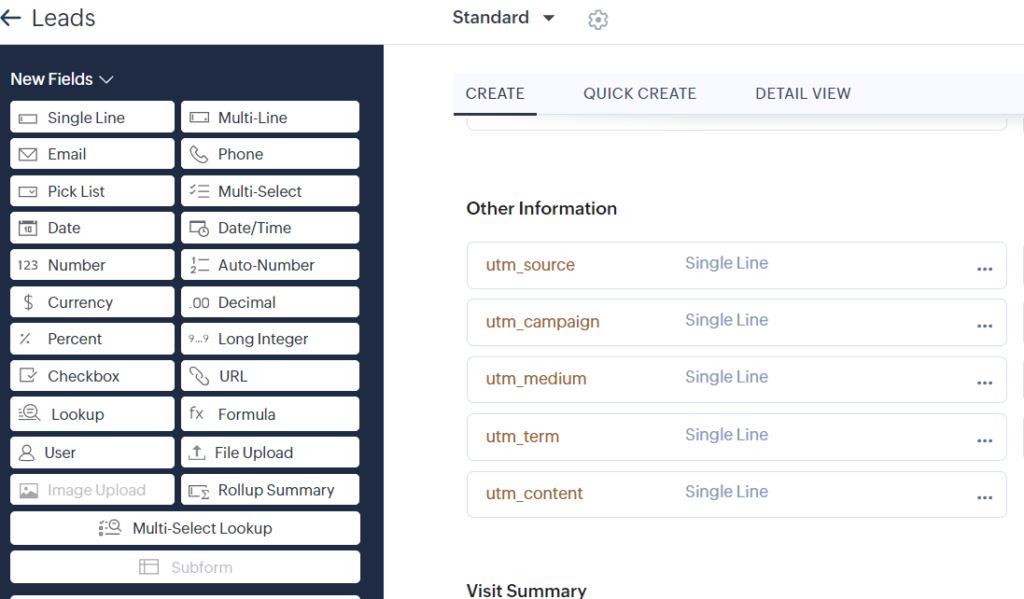 an image of the lead module field edit settings in Zoho CRM showing the different single line UTM fields