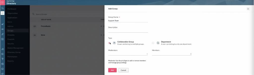 Screenshot of Adding a Group inside of Zoho One.