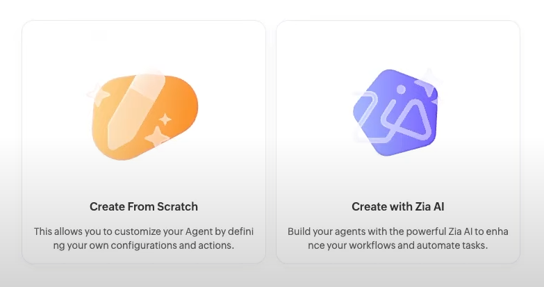 Zia Agent Studio create from scratch or create with Zia AI options screenshot.