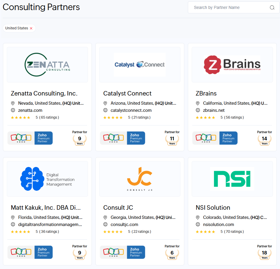 Top Questions to Ask Your Zoho Partner Before Hiring Them - Zenatta Consulting - Image Choosing a Zoho Partner - List of some of the premium partners on Zoho's partner page website.
