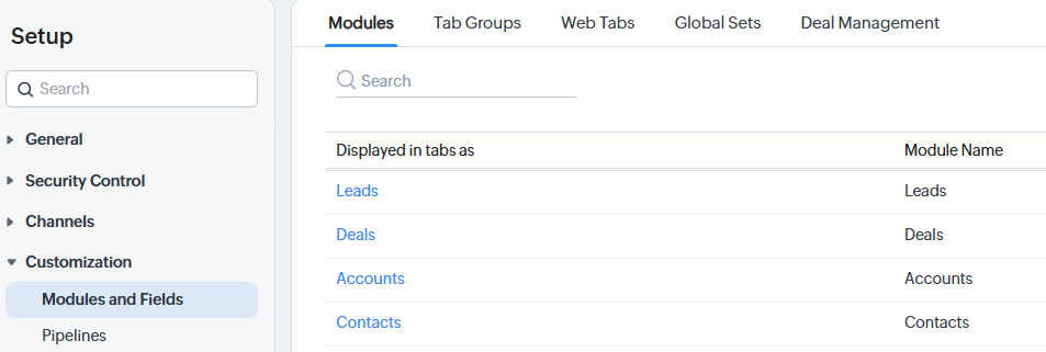 Zoho CRM - Modules Settings Panel