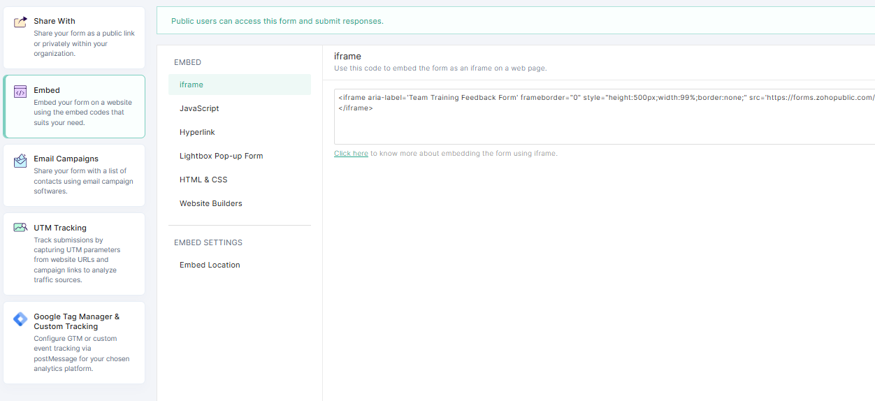 Zoho Forms iframe embed example