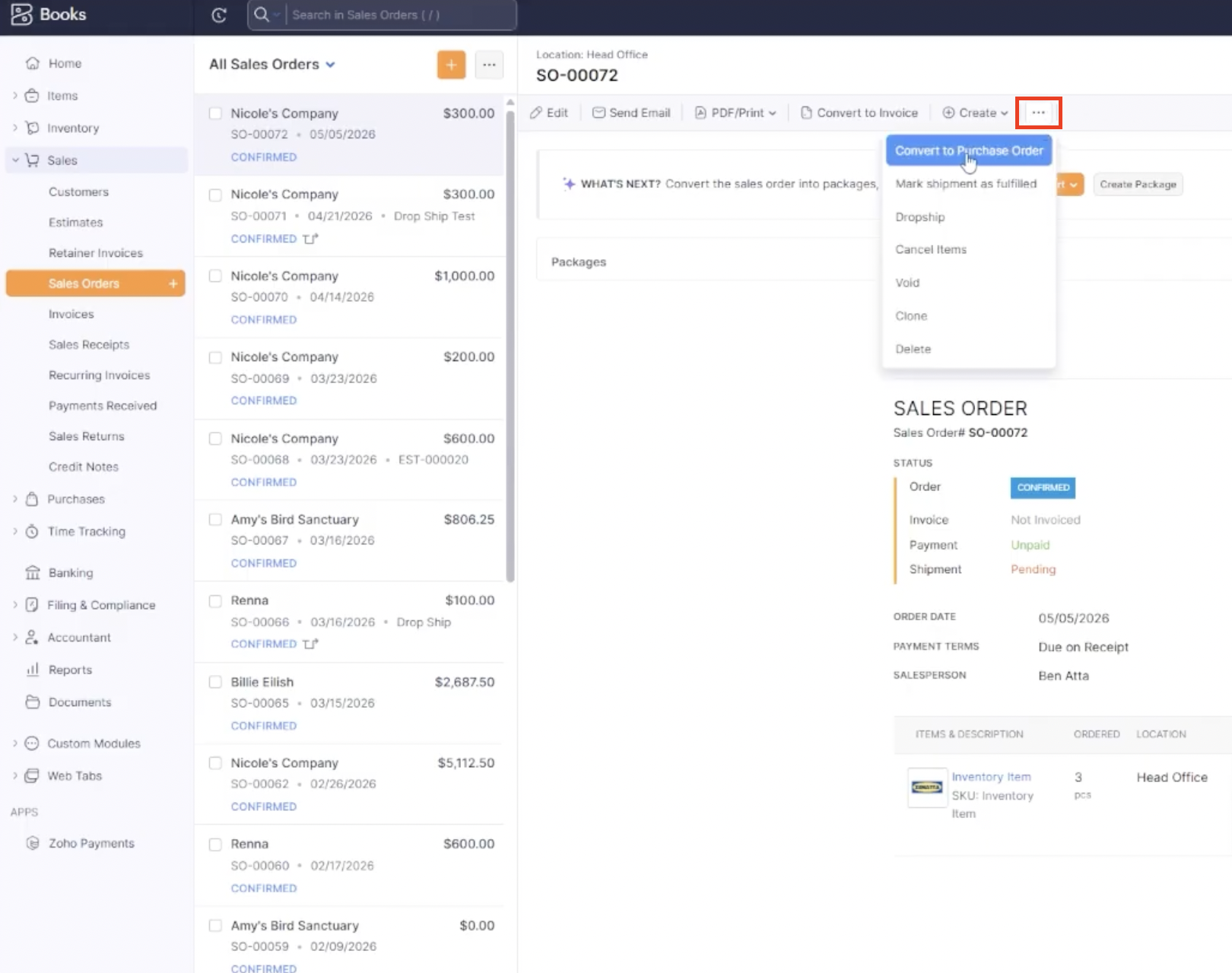 Three-dot menu on a sales order showing the Convert to Purchase Order option in Zoho Inventory