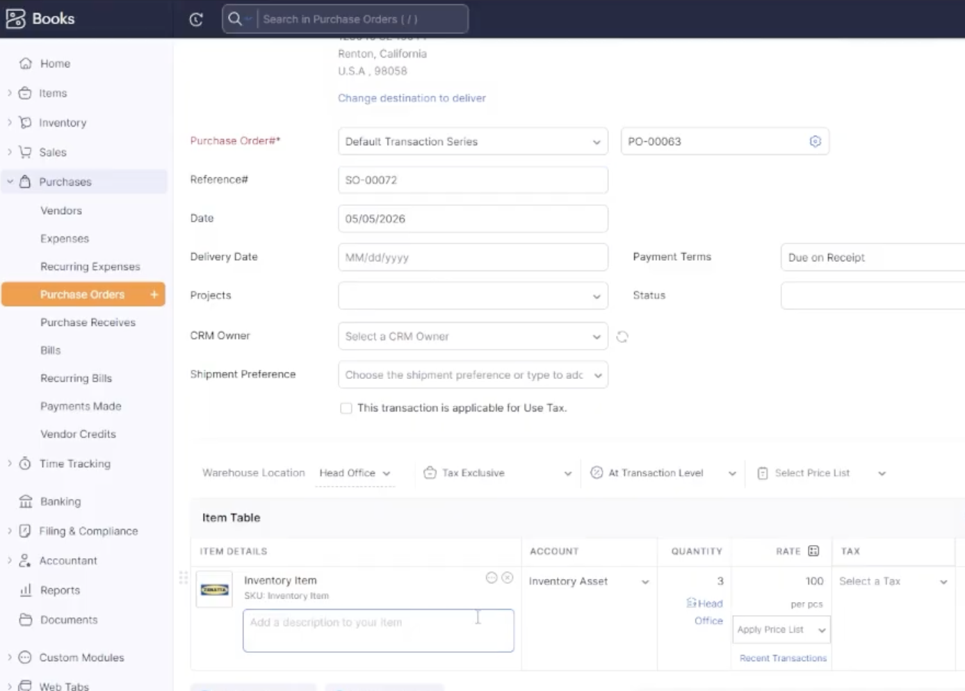 Purchase order form with vendor assigned, items pulled from the sales order, and reference number populated