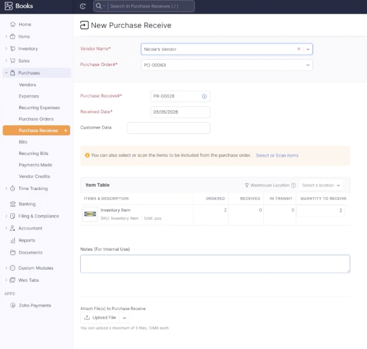 Purchase receive form in Zoho Inventory with received date, quantity, and serial number fields