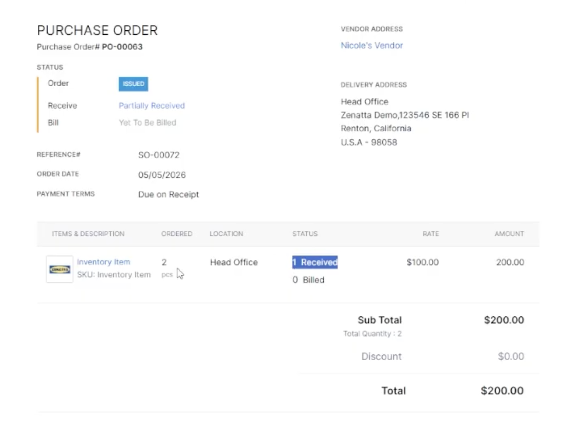 Purchase order showing partial receive status of 1 of 2 items received