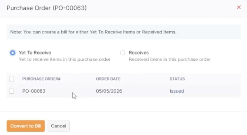 Convert to Bill option on a purchase order showing receives and yet-to-receive choices