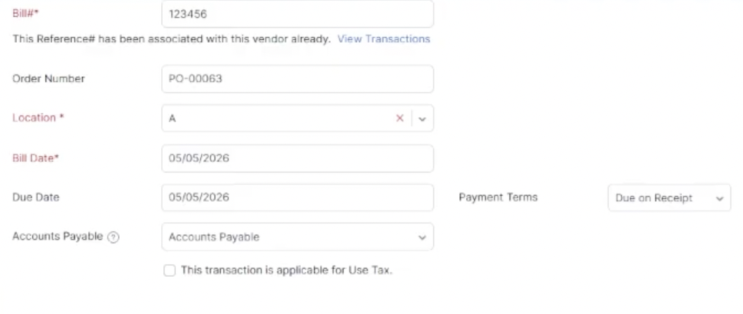 Vendor bill form in Zoho Inventory with bill number, dates, and line items populated