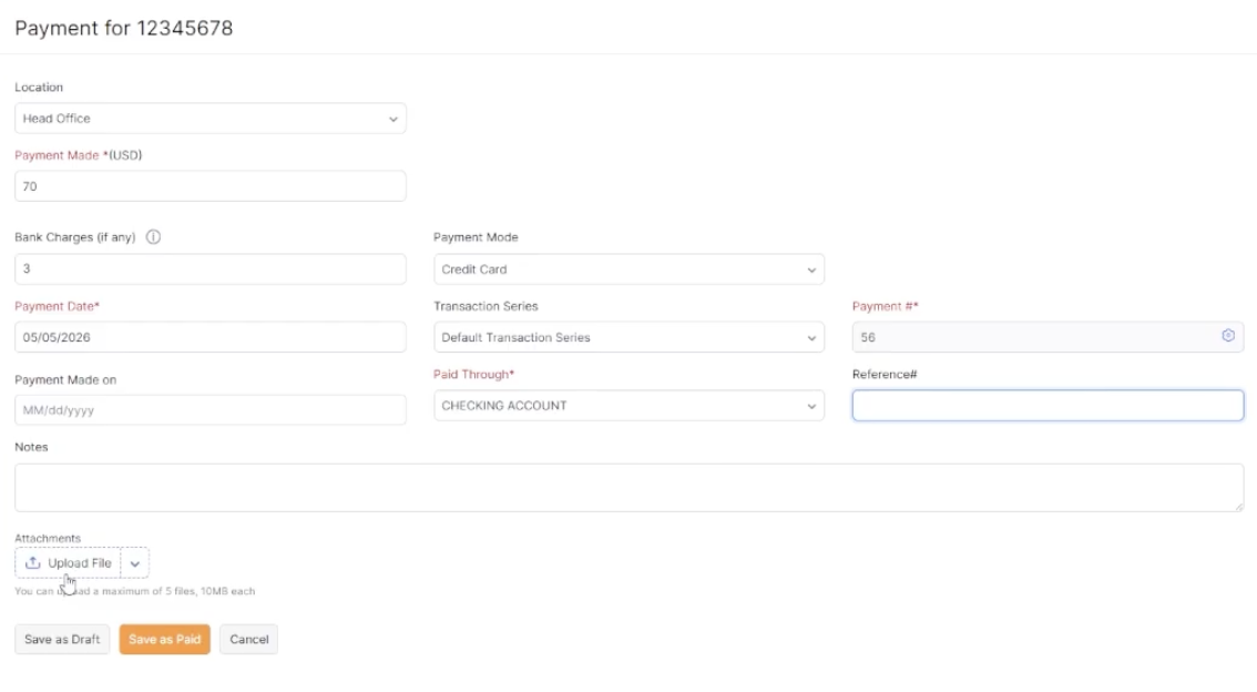 Record Payment form on a vendor bill in Zoho Inventory