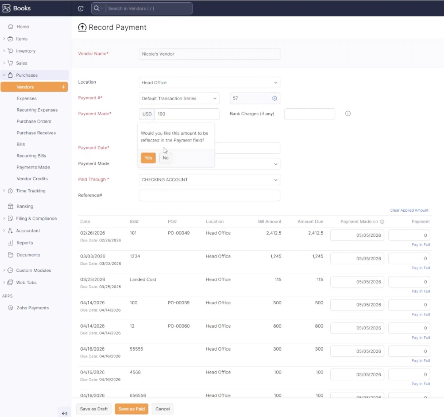 Multi-bill payment screen showing auto-fill across open vendor bills